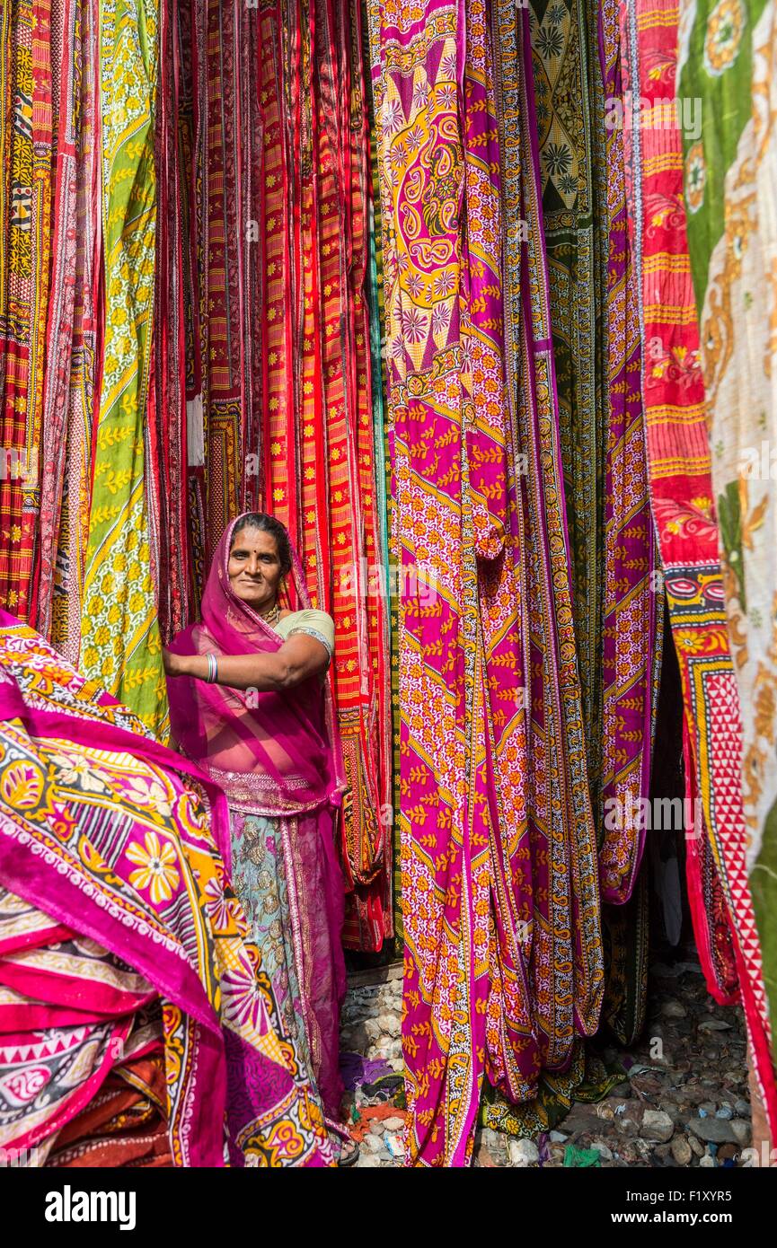 India, Rajasthan state, Pali, the first town in India for dying textiles, drying and folding Stock Photo