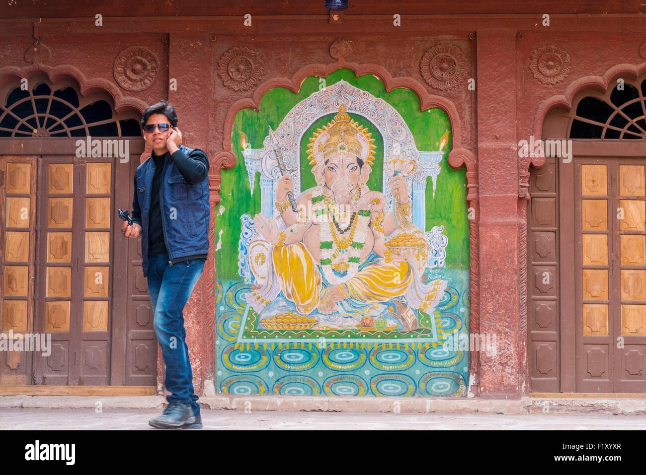 India, Rajasthan state, Pokharan, the 16th century fort belongs today to the Heritage hotels and is an attraction for the local populations, mural of elephant-god Ganesha Stock Photo