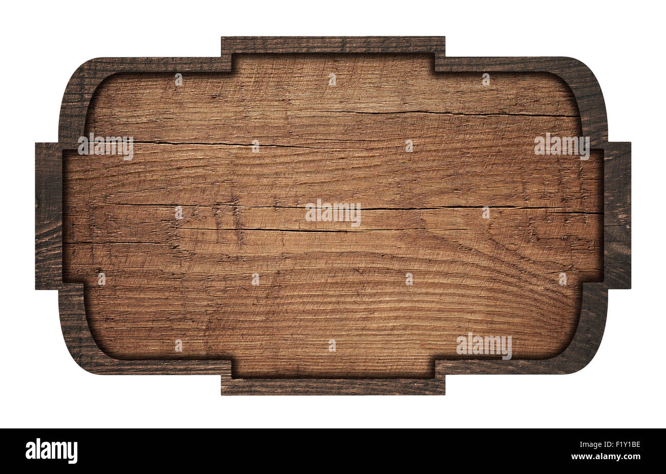 Brown wooden signboard, plate, plank and dark frame on white background
