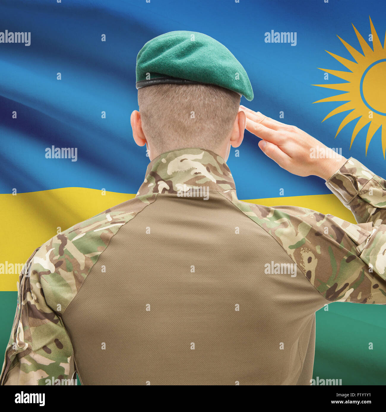 Visit Rwanda Hat Soldier in hat facing national flag series - Rwanda Stock Photo - Alamy