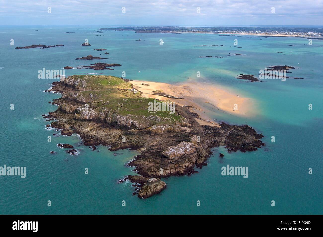 France, Ille et Vilaine, Cezembre island, near Dinard, the spring tide of  21 March 2015 (aerial view Stock Photo - Alamy