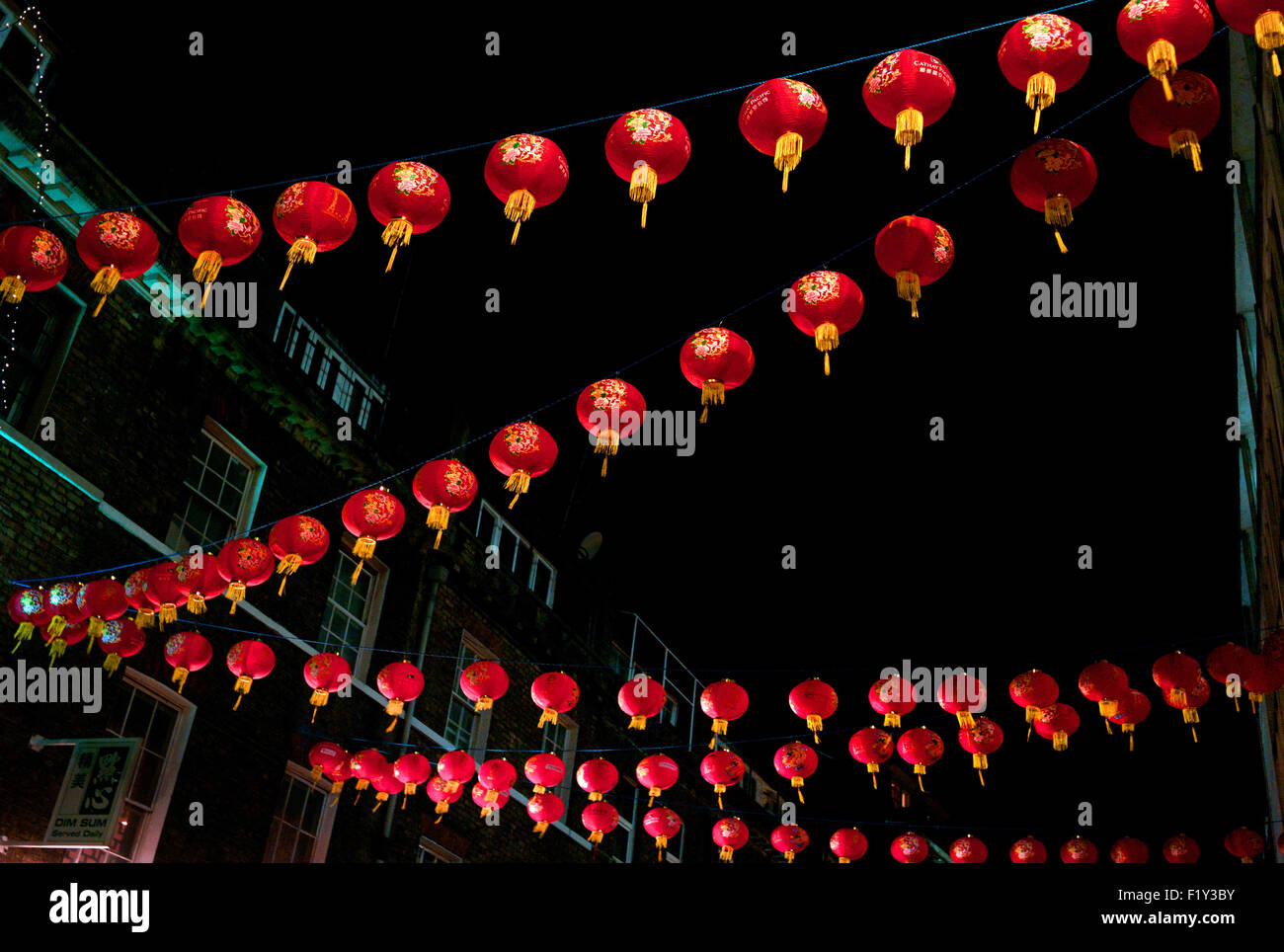 Chinese lanterns hanging in Gerrard Street, Soho, Lonfdon Stock Photo