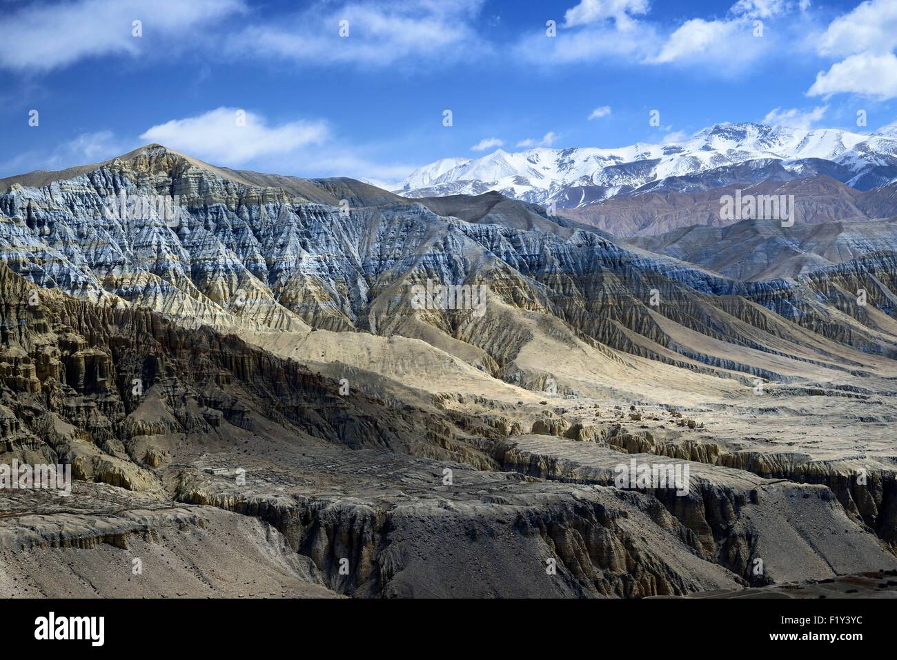 Nepal, Gandaki zone, Upper Mustang (near the border with Tibet), mineral landscape near the village of Ghemi Stock Photo