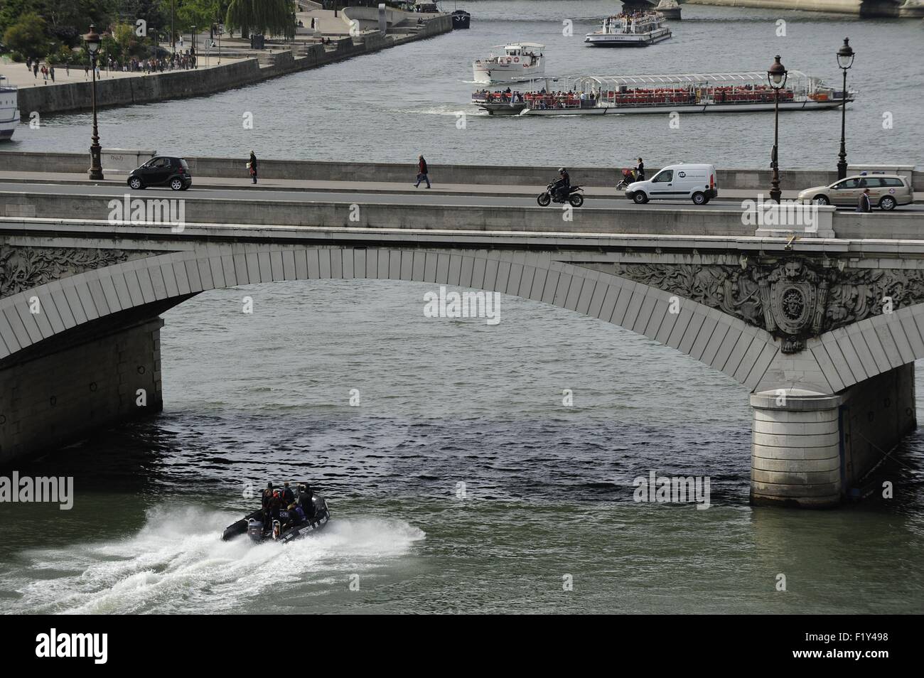 France, Paris, on the Seine river police (aerial view) Stock Photo