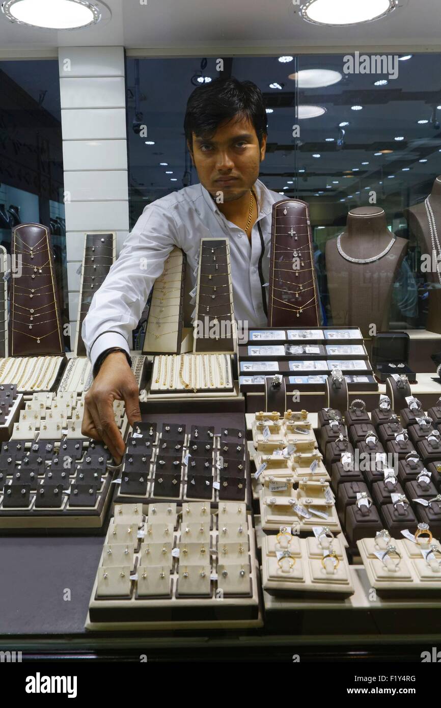 United Arab Emirates, Dubai, Al Quoz 1, Gold and Diamond Park, jewelry showcase Stock Photo