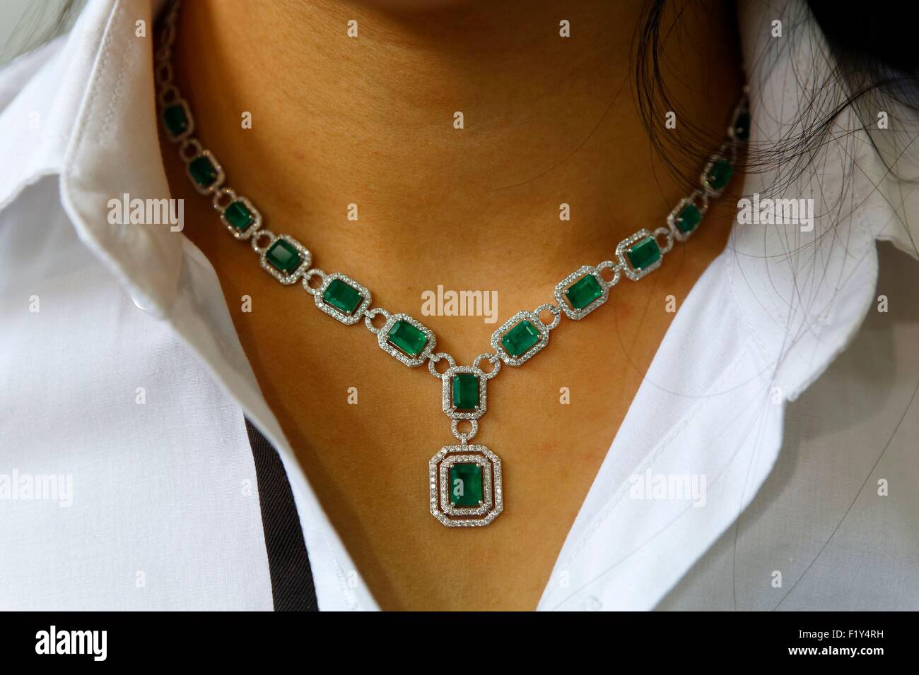 United Arab Emirates, Dubai, Al Quoz 1, Gold and Diamond Park, necklace with gemstones Stock Photo