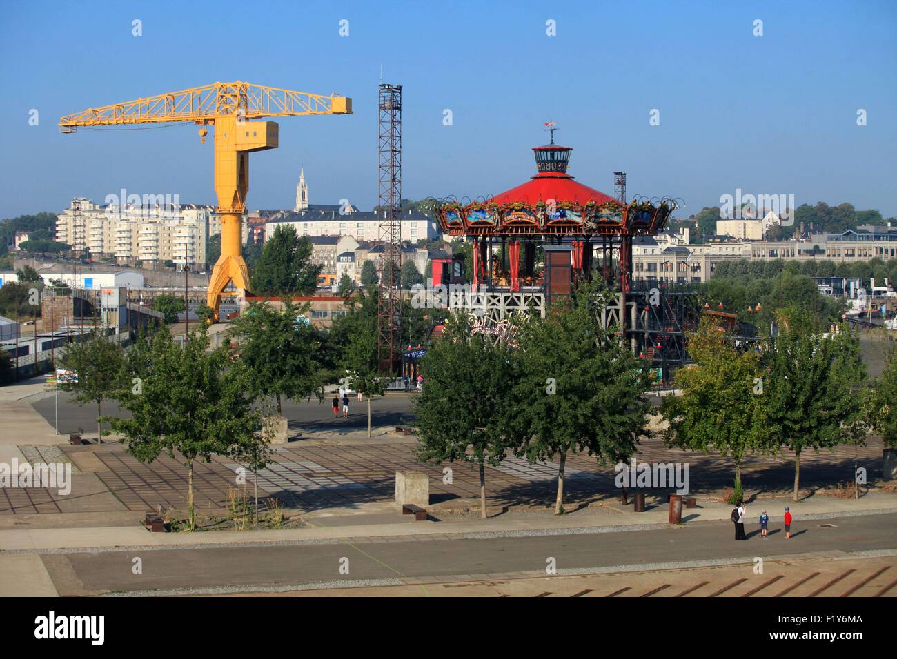 France, Loire Atlantique, Nantes, Carroussel of the Marine Worlds and the Crane Titan on the Island of Nantes seen since the top of the Elephant Stock Photo