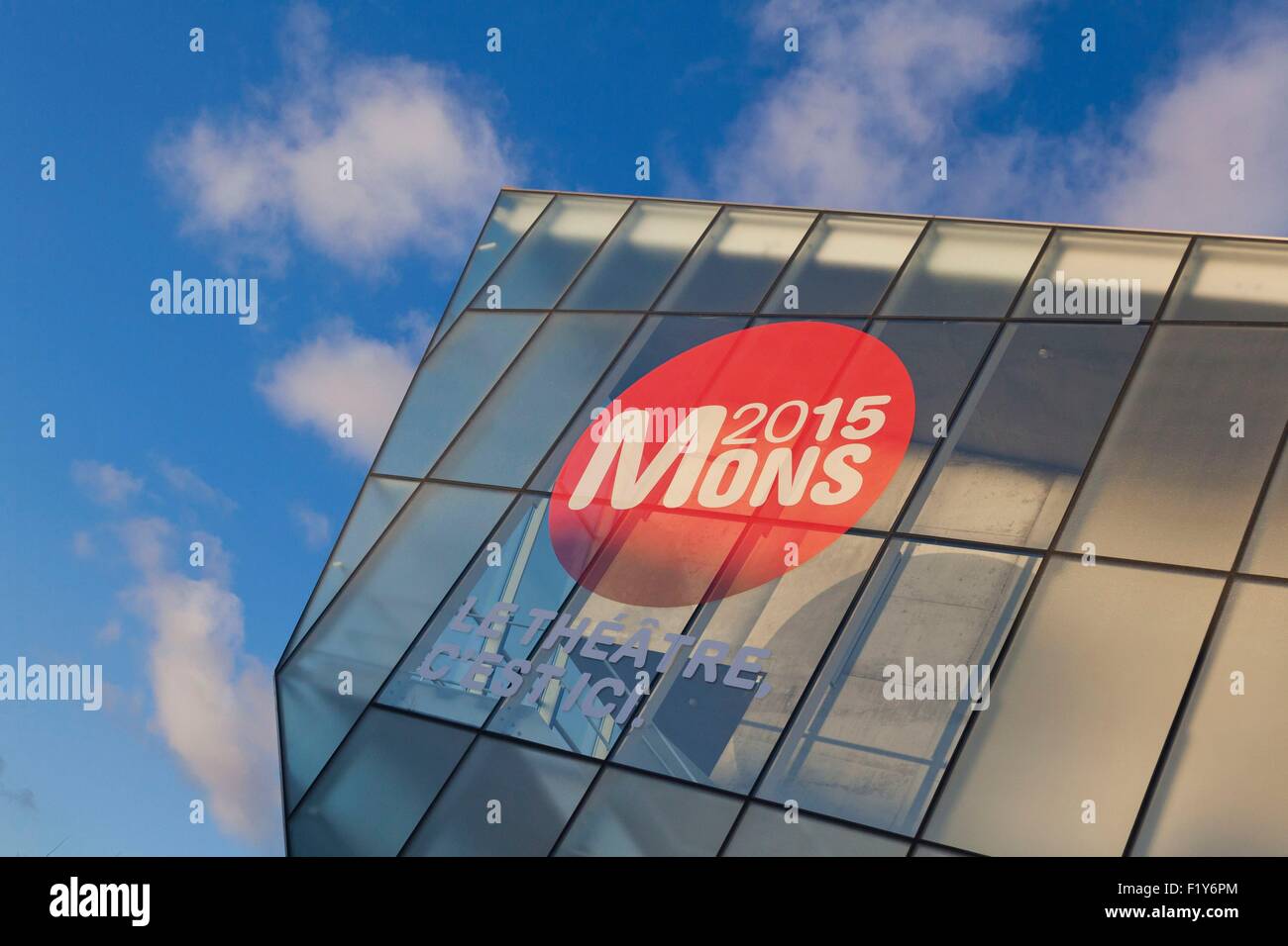 Belgium, Wallonia, Hainaut province, Mons, European Capital of Culture 2015, mons 2015 logo on the front of the arena theater Stock Photo