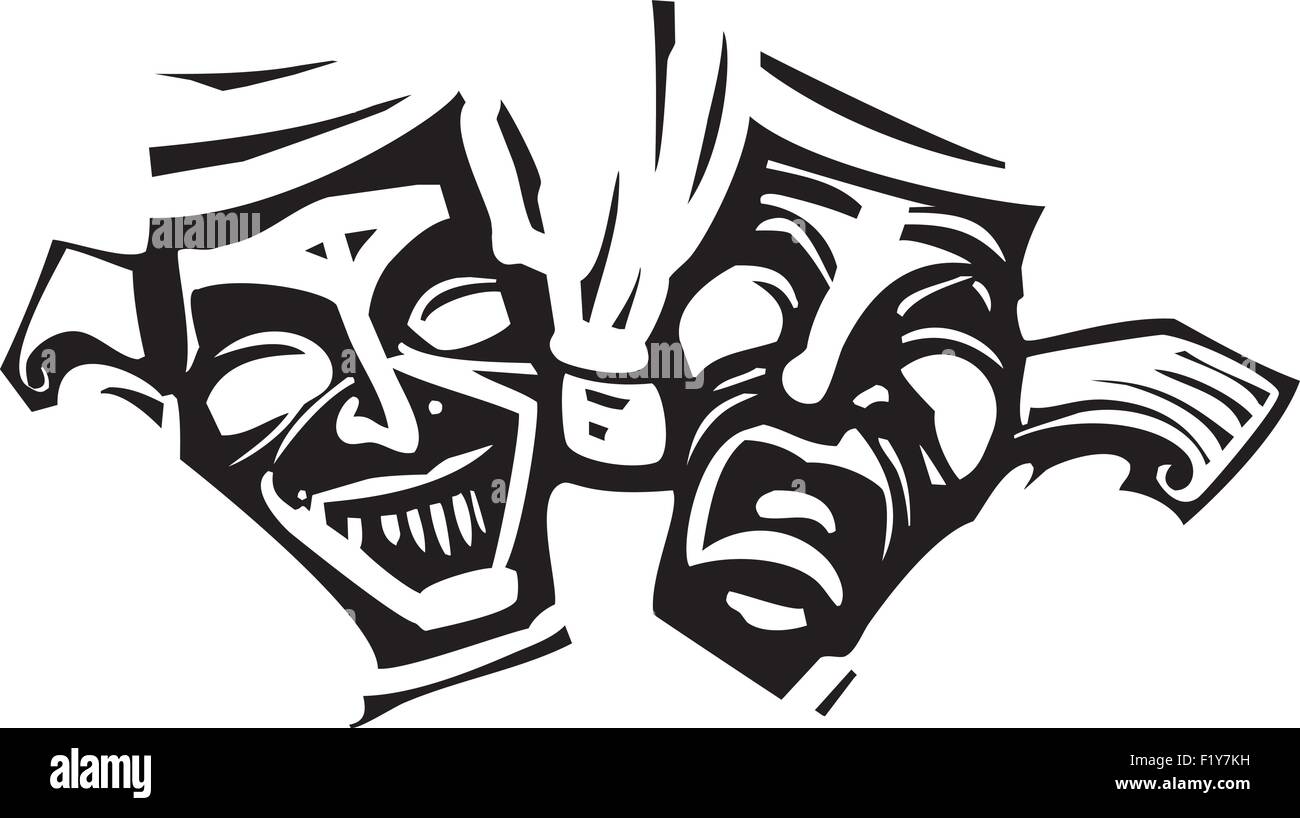 Woodcut style image of the laughing and crying theater image of Janus Stock Vector