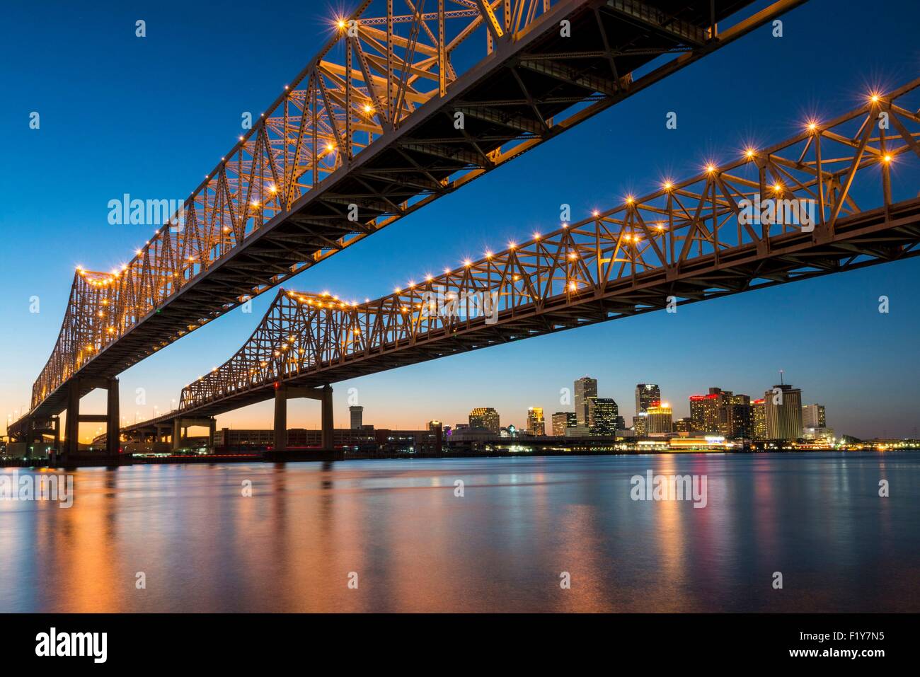 United States, Louisiana, New Orleans, the Crescent City Connection Bridge on the Mississippi river Stock Photo