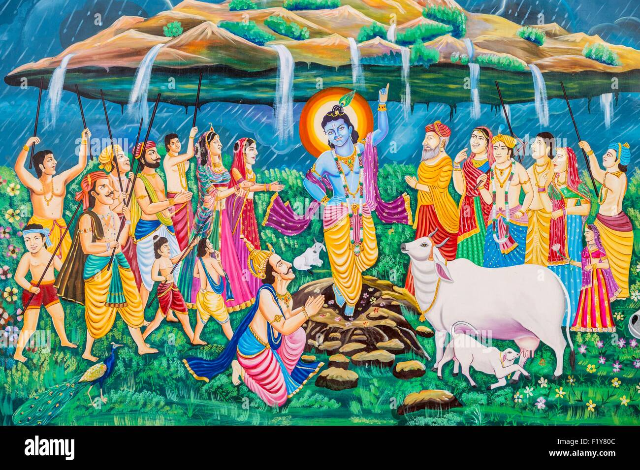 India, Rajasthan state, Jaisalmer, cattle farm, paintings representing Lord Krishna Stock Photo