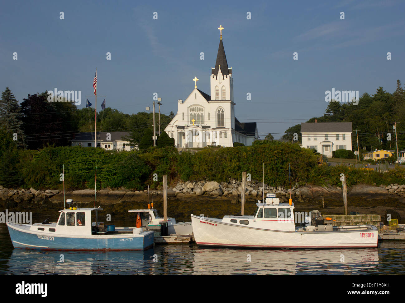 Old Catholic church on the water in Boothbay Harbor, Maine USA Stock