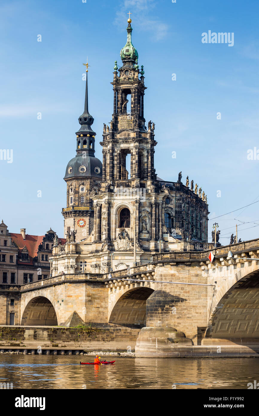 Saxony, Dresden, The city skyline with canoe on the River Elbe in front of the embankment buildings Stock Photo