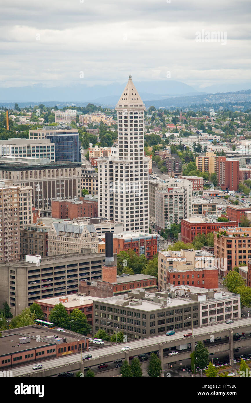 Seattle WA skyline aerial view of Smith Tower Stock Photo - Alamy