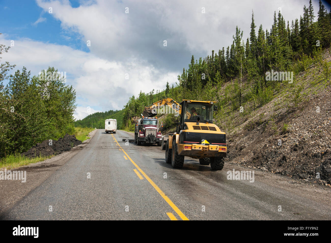 Canada,Digger,Road Work,Alaska Highway Stock Photo