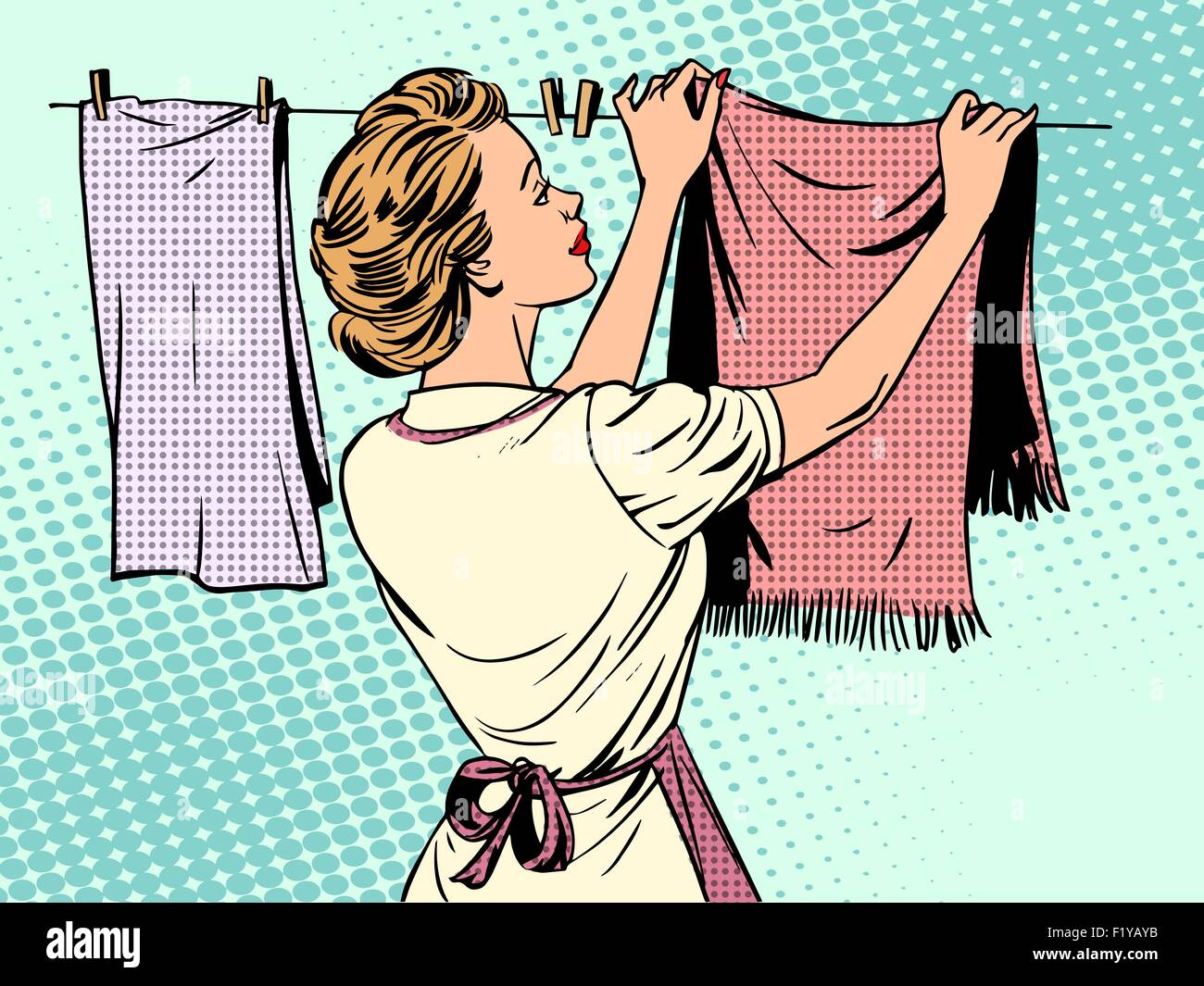 woman hangs clothes after washing housewife housework comfort Stock Vector