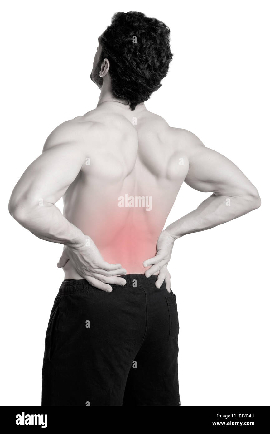 Male athlete with pain in his lower back, isolated in white Stock Photo Alamy