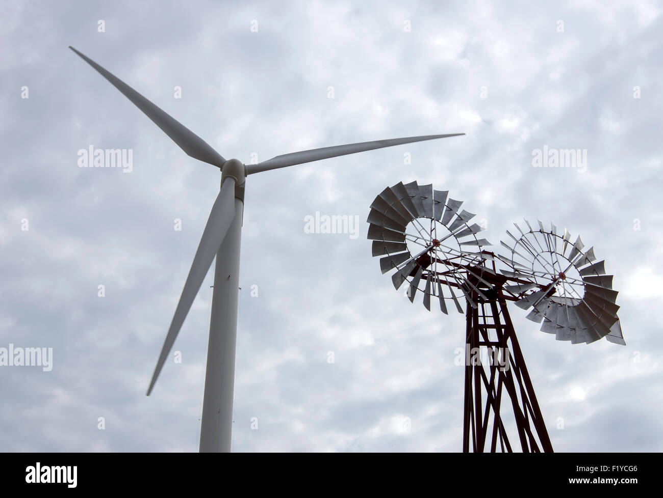 Windmills on display at the American Wind Power Center and Museum in Lubbock, Texas. Stock Photo