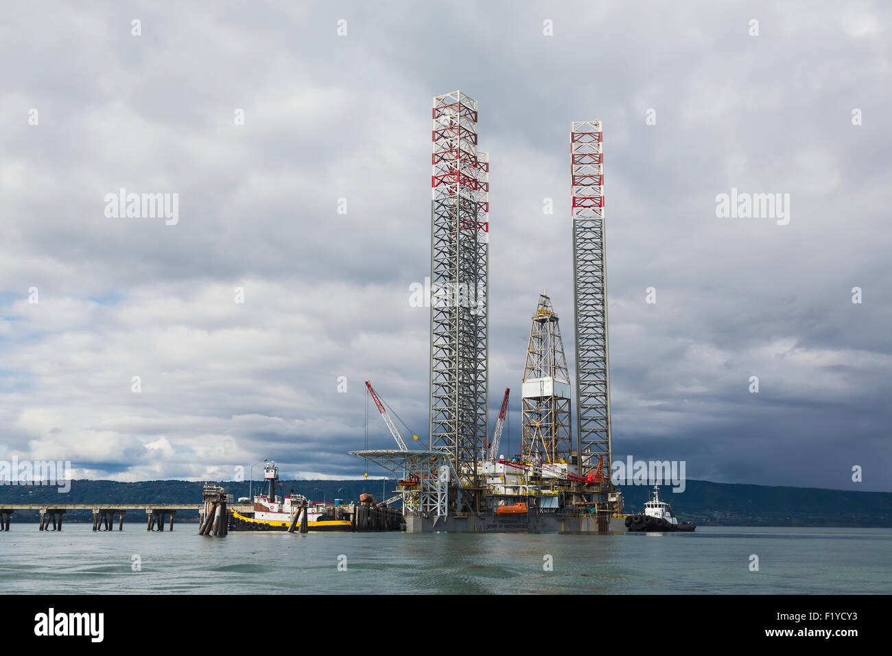 Pier,Alaska,Oil Rig,jack-up mobile drilling rig Stock Photo