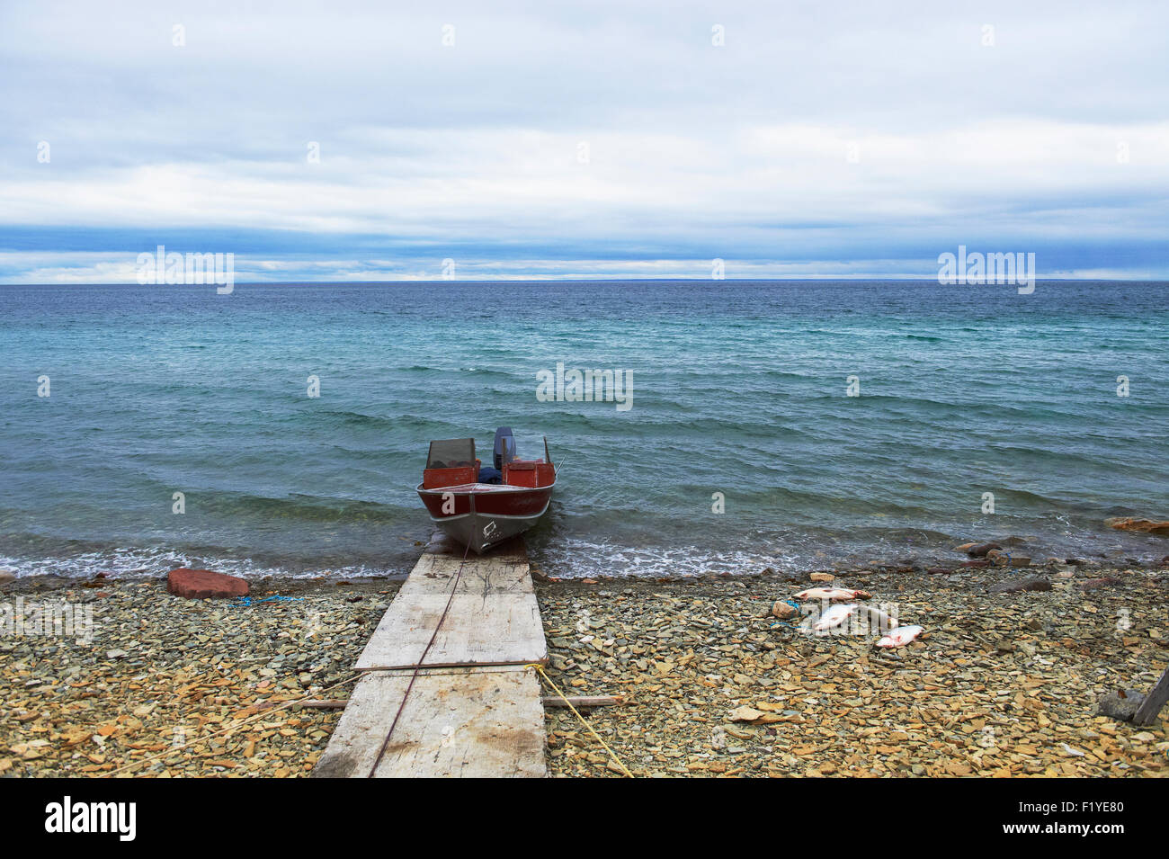 Canada,Boat,Beach,Nunavut,Arctic Ocean Stock Photo