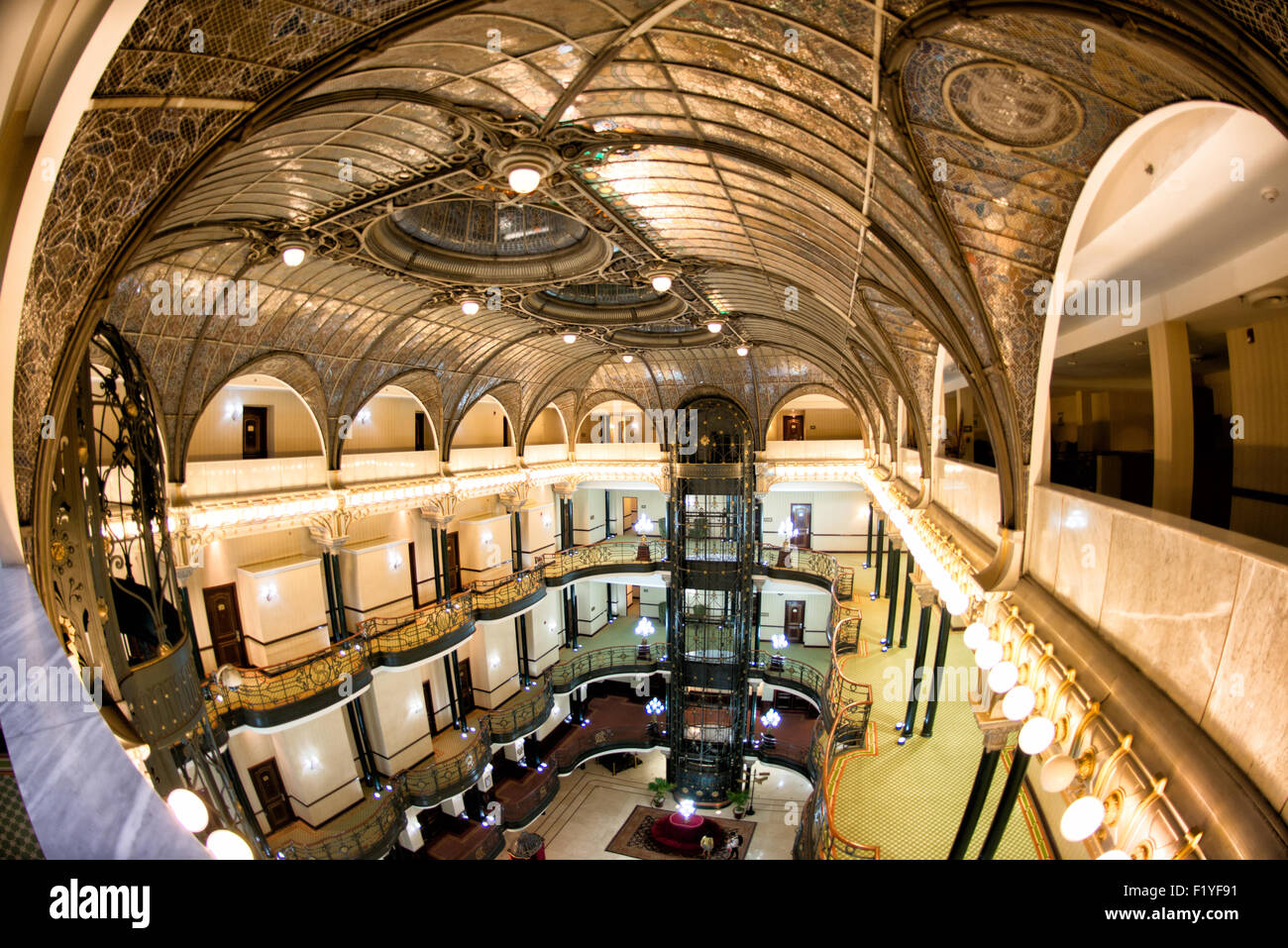 A wide-angle shot of the ornate interior of the Gran Hotel De La Ciudad De Mexico in Centro Historico. Stock Photo
