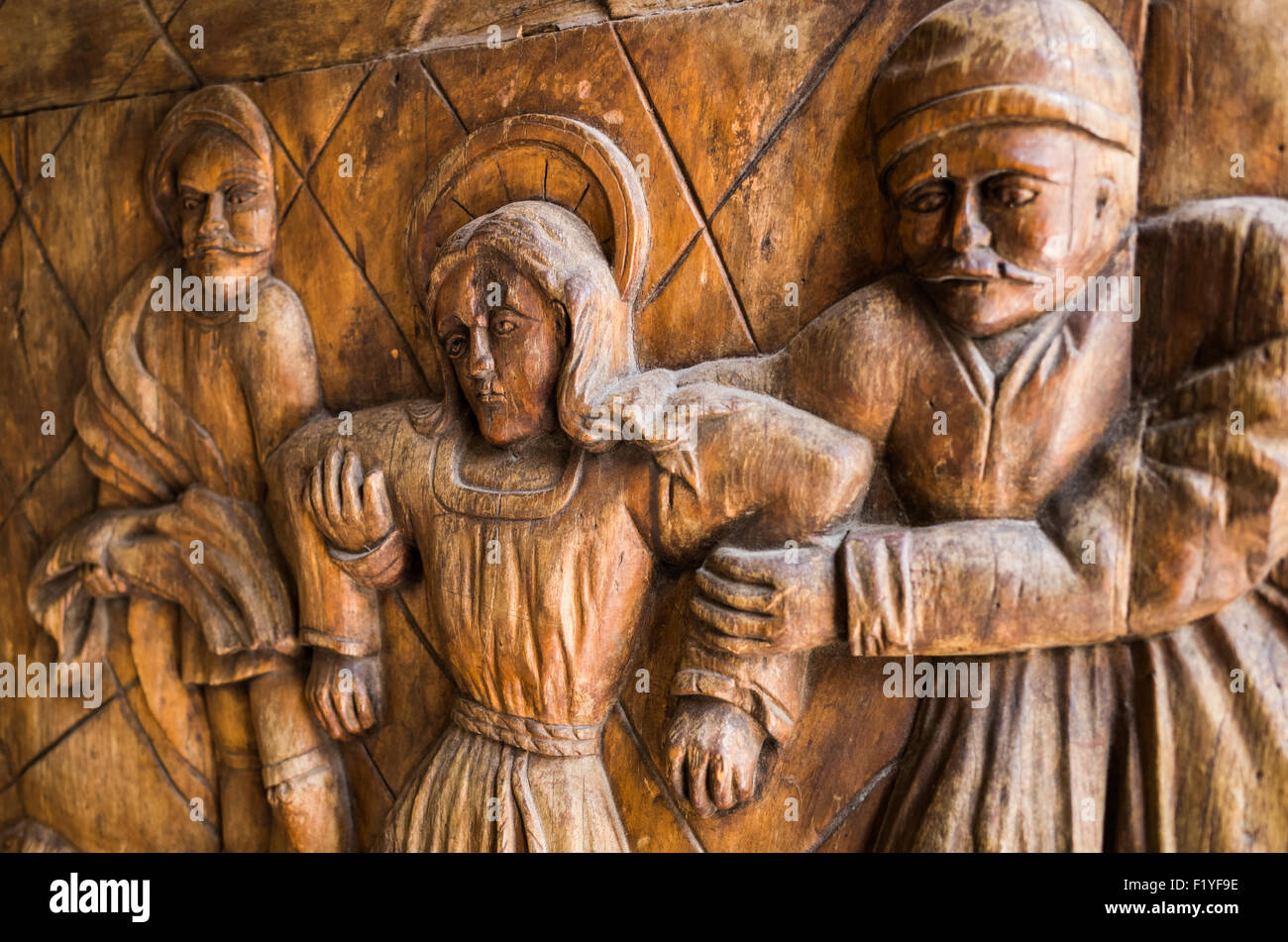 Part of the heavy carved wooden doors at the the Iglesia de Santa Ines (Church of Saint Agnes) in the historic Centro Historico district of downtown Mexico City, Mexico. Stock Photo