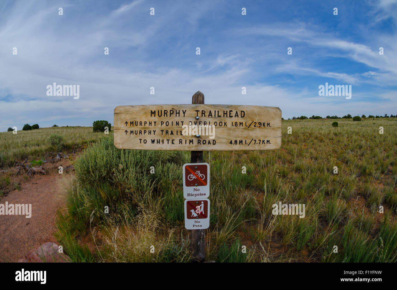 A fisheye view of the Murphy Trailhead in Island in the Sky Stock Photo