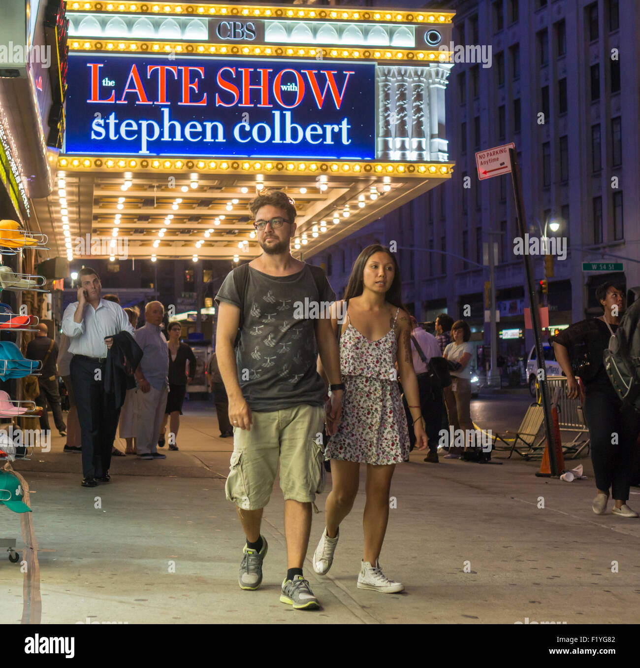 New York, USA. 8th September, 2015. The marquee of the Ed Sullivan Theater on Broadway in New York proclaims the new Late Show with Stephen Colbert which premieres tonight, Tuesday, September 8, 2015. Colbert replaced the retiring David Letterman. Credit:  Richard Levine/Alamy Live News Stock Photo