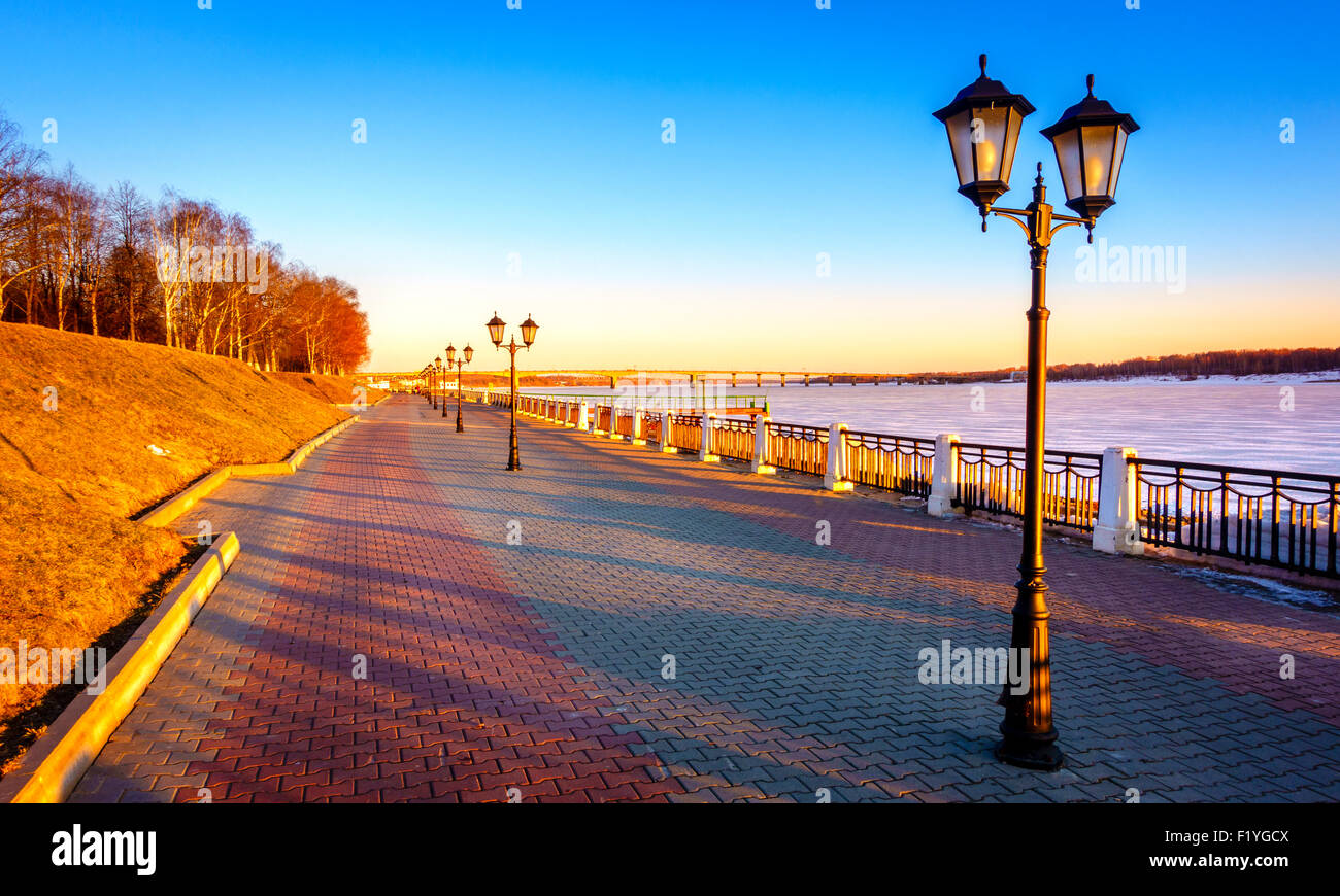 Scenic riverwalk along the Volga River in the city of Kostroma, Russia Stock Photo