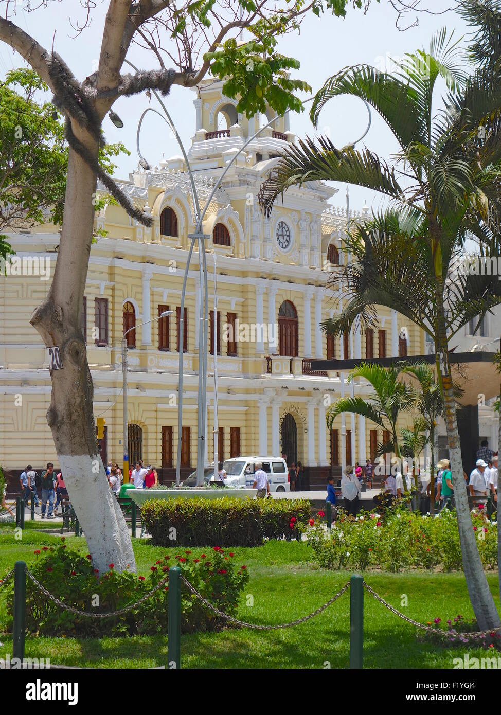 Colonial buildings in the Plaza de Armas of Chiclayo, Lambayeque district, Peru. Stock Photo