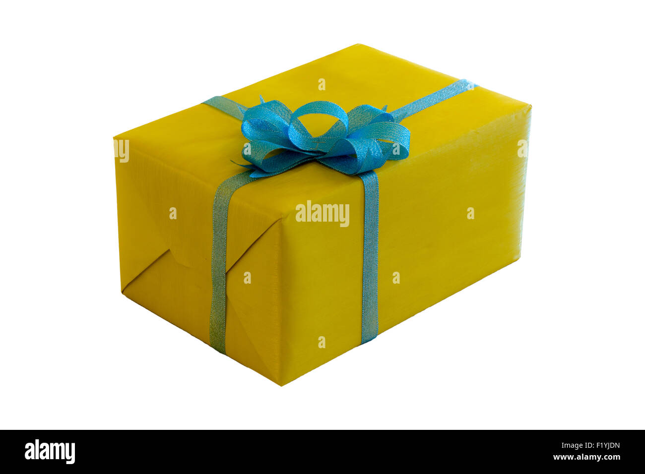 Yellow Gift Box with the Blue Ribbon Stock Photo Alamy