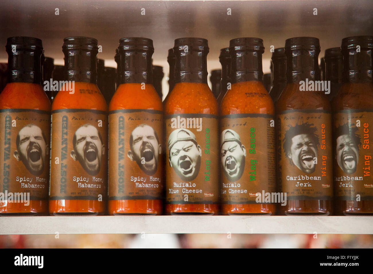 Hot, spicy sauce, Farmers Market, Fairfax Ave, Los Angeles, California Stock Photo