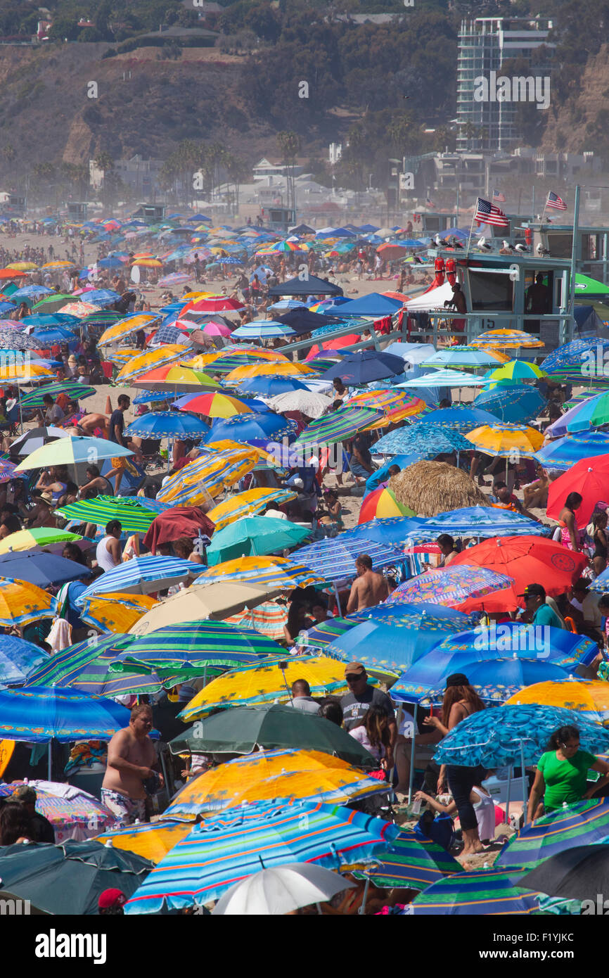 View from the Santa Monica Pier, a crowded, hot Labor Day - Monday September 7, 2015 - Santa Monica, Los Angeles county, Califor Stock Photo