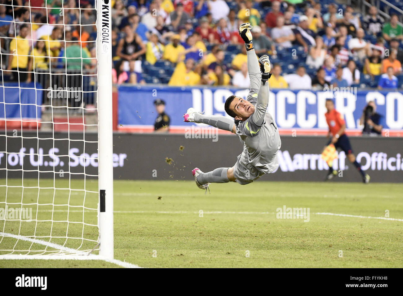 Foxborough, Massachusetts, USA. 8th Sep, 2015. Brazil goalkeeper Marcelo Grohe (12) tries to make a save during the Brazil vs USA International friendly match held at Gillette Stadium in Foxborough, Massachusetts. Eric Canha/CSM/Alamy Live News Stock Photo