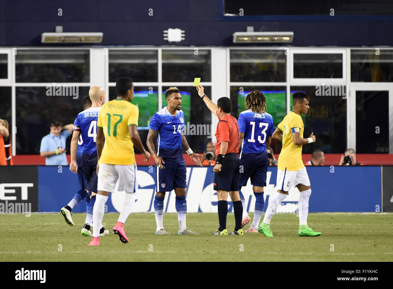 Foxborough, Massachusetts, USA. 8th Sep, 2015. United States goalkeeper Tim Howard (12) reacts as he receives a yellow card from referee Joel Aguilar during the Brazil vs USA International friendly match held at Gillette Stadium in Foxborough, Massachusetts. Eric Canha/CSM/Alamy Live News Stock Photo