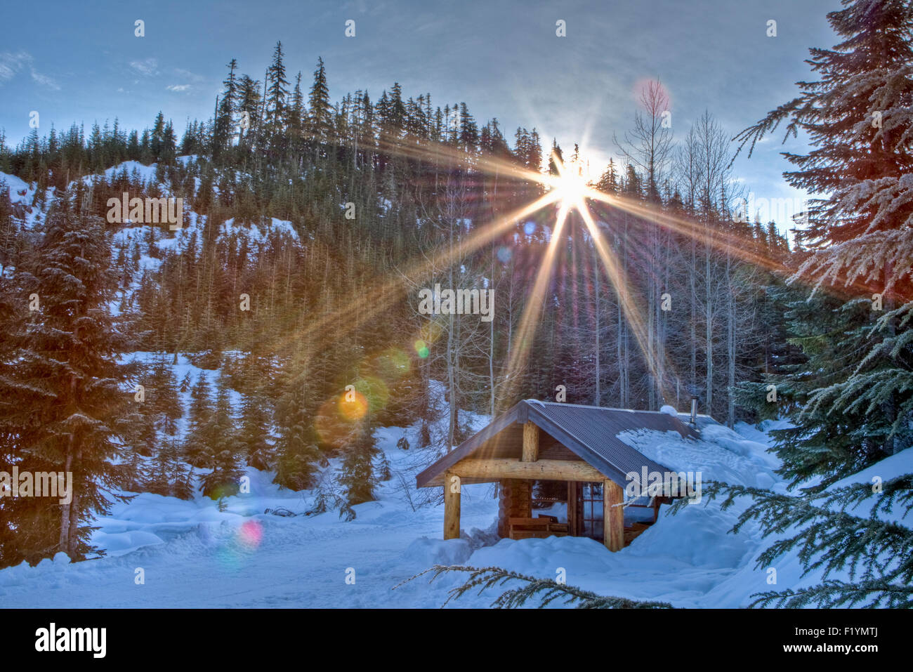 Sunlight,Canada,Log Cabin,Callaghan Valley Stock Photo