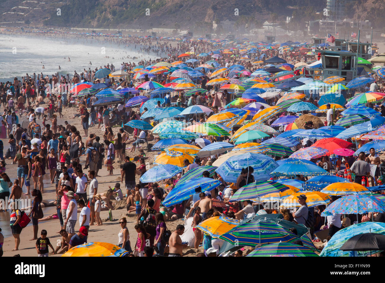 View from the Santa Monica Pier, a crowded, hot Labor Day - Monday September 7, 2015 - Santa Monica, Los Angeles county, Califor Stock Photo