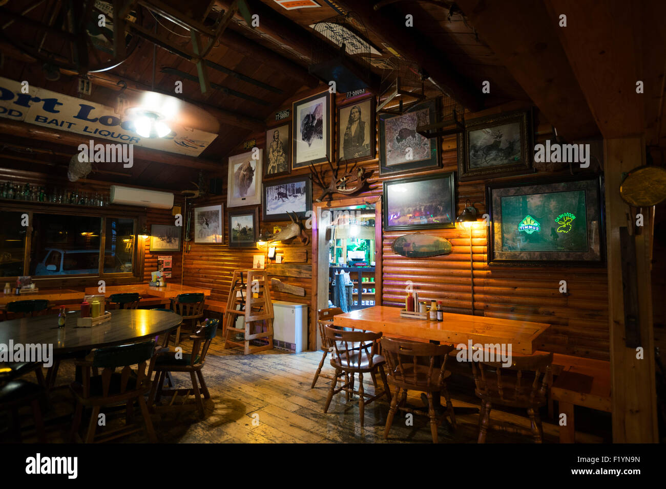 Interior of a log tavern and dining room at Trail Center, Gunflint