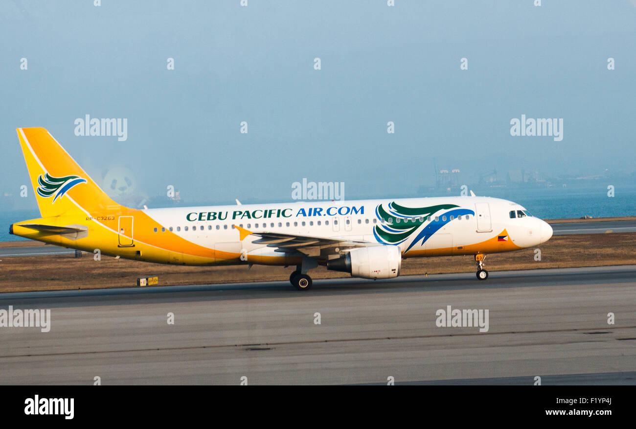 Cebu Pacific airways landing in Hong Kong. Stock Photo