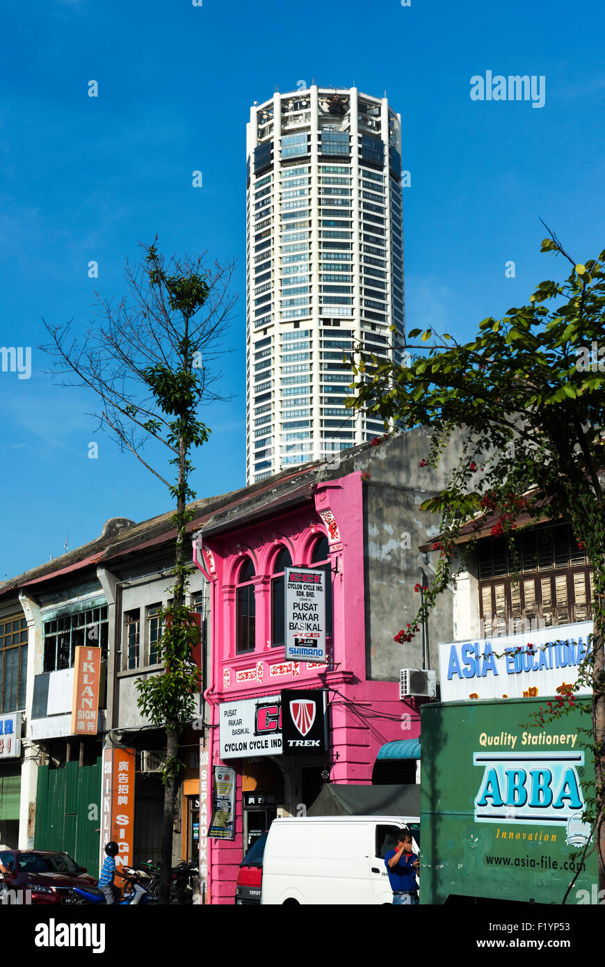 The center of old Georgetown- traditional old buildings with the Komtar tower behind them. Stock Photo