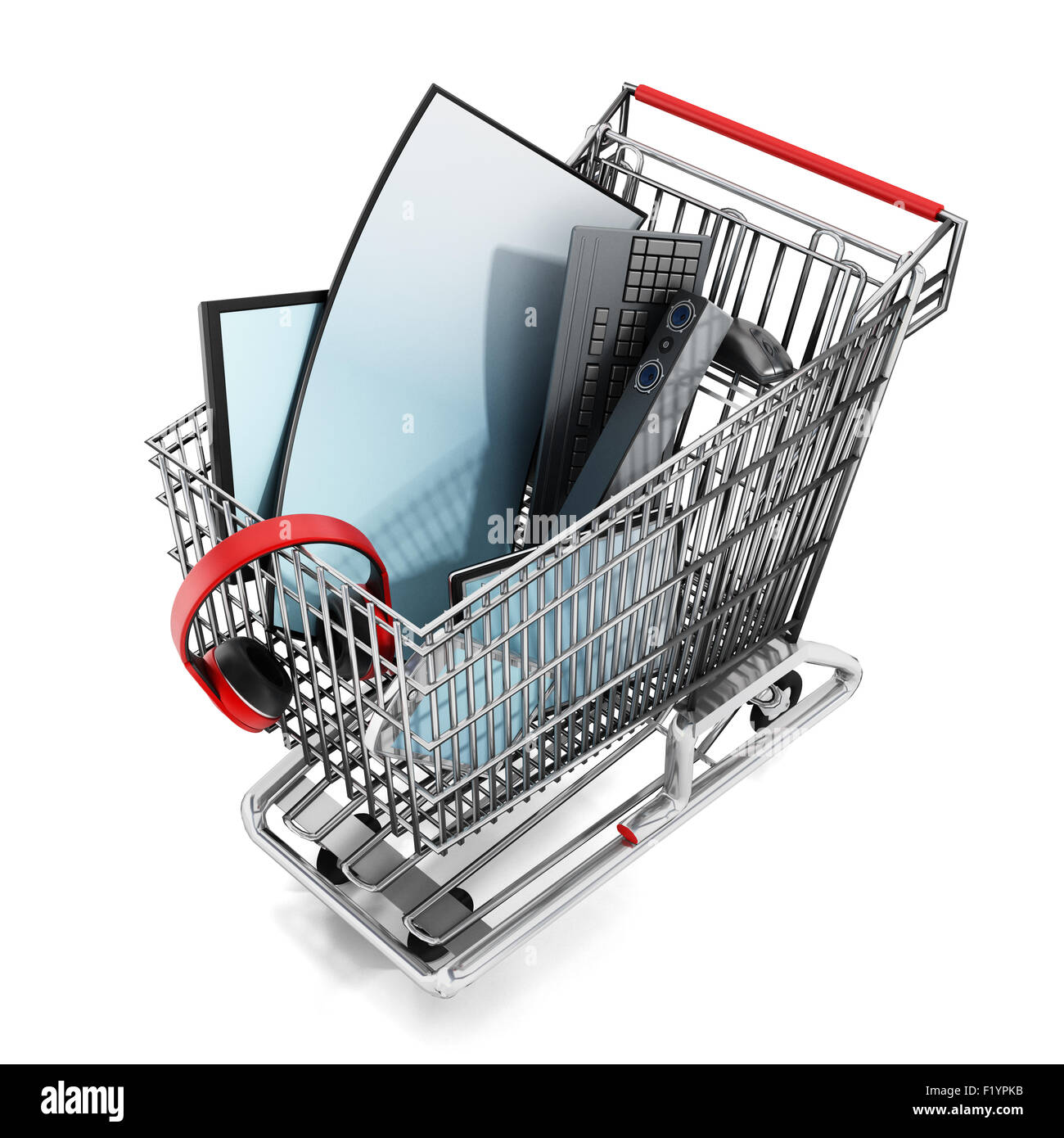 Electronic equipment inside the isolated shopping cart Stock Photo