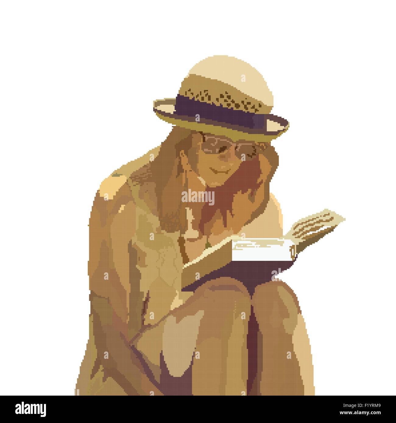 Pixel art abstract vector illustration, girl reading a book. Stock Vector