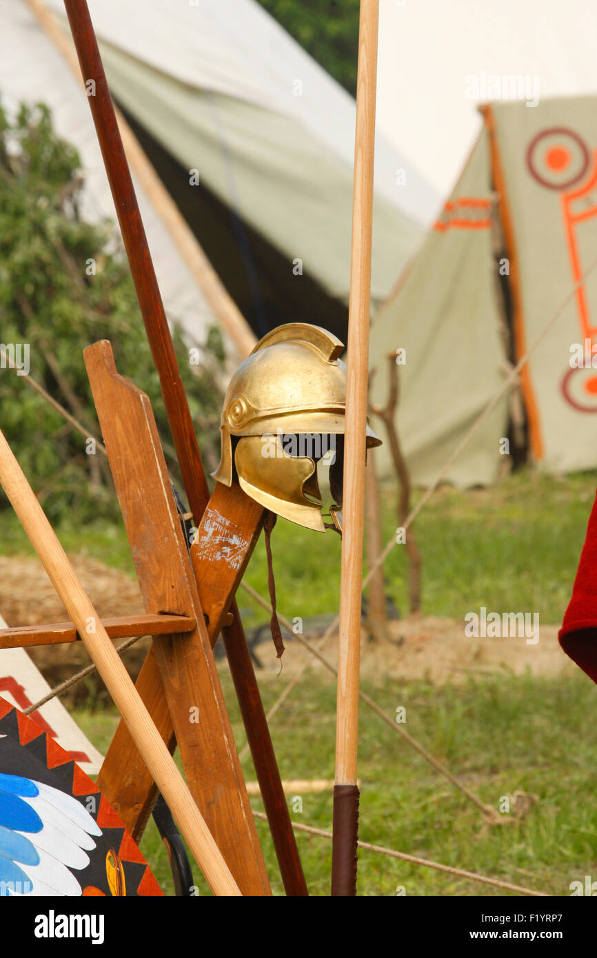 Accessories Field camp of the Roman legions, weapons, armor, household objects, shields. Stock Photo