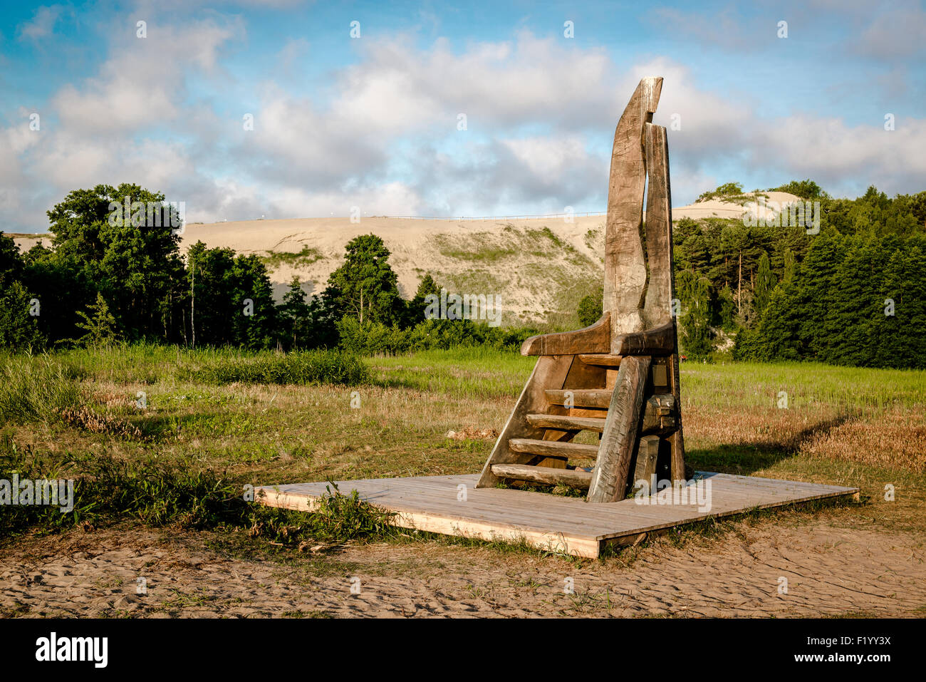 Wooden chair in the Curonian Spit Stock Photo