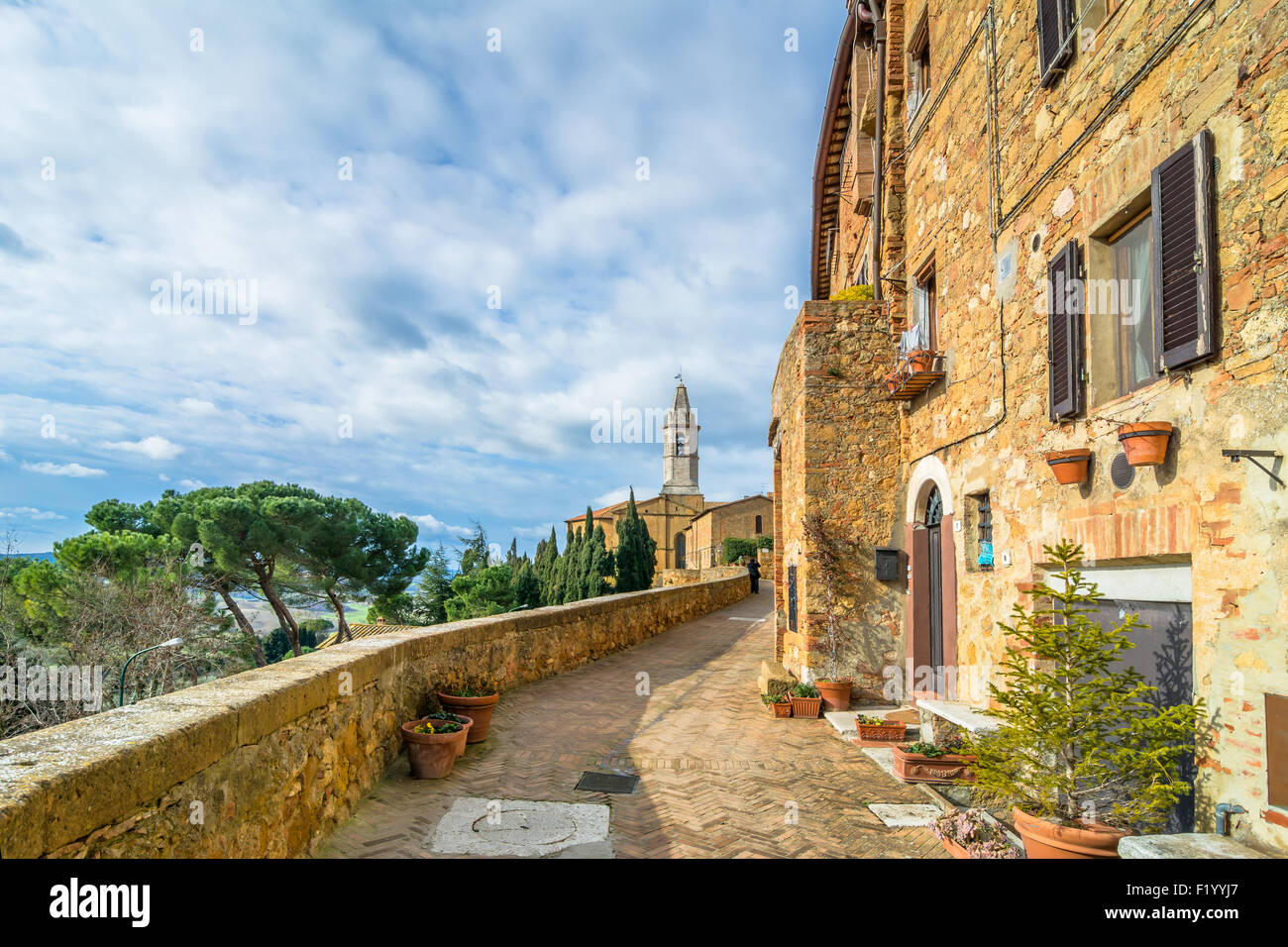 PIENZA, ITALY - January 25, 2015: street view of historic centre and Val d’Orcia valley in Pienza, Italy. Stock Photo