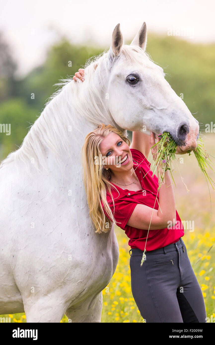 Lipizzan Horse Woman feeding gray gelding grass Germany Stock Photo