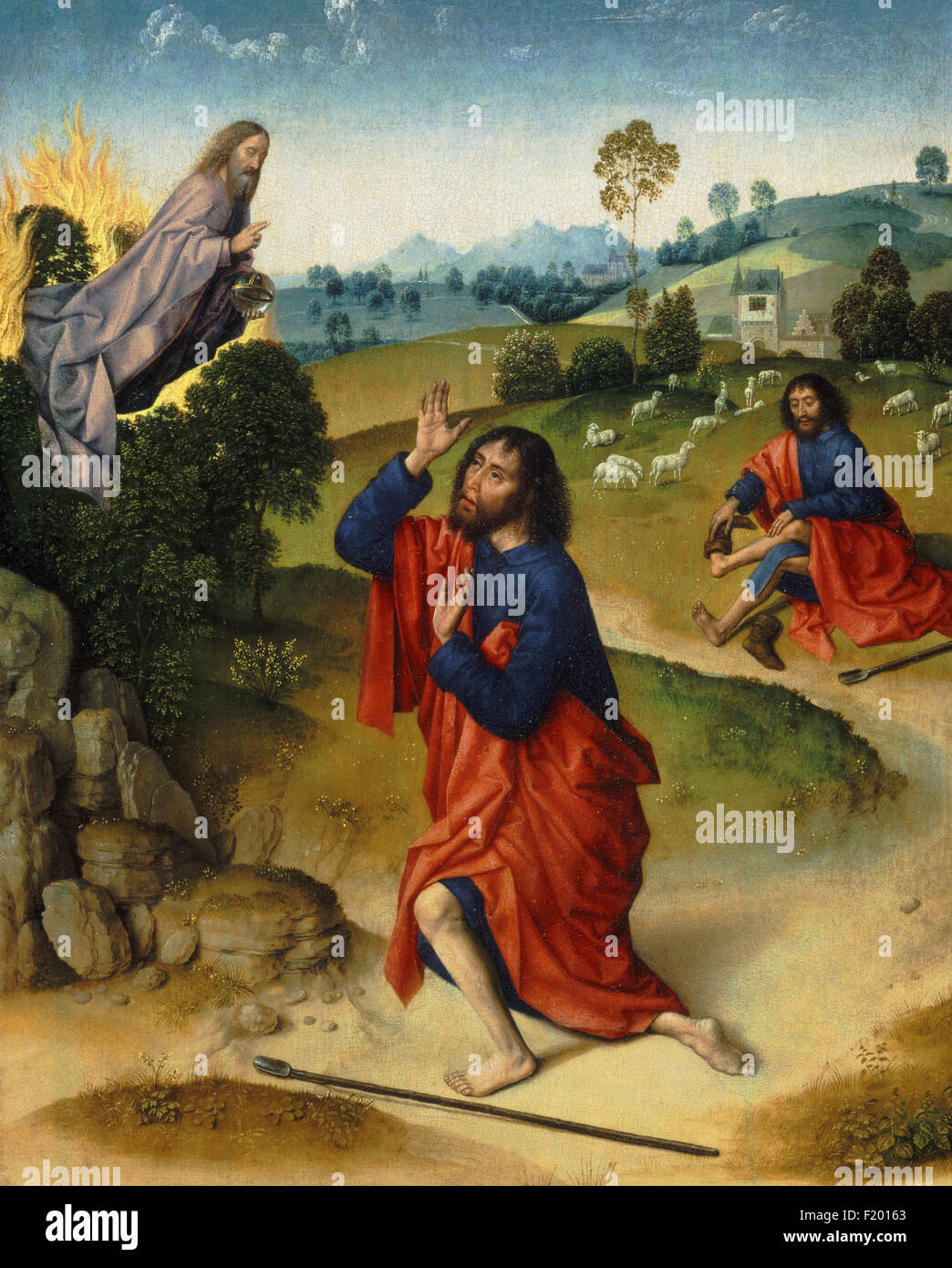 Dirk Bouts  - Moses and the Burning Bush, with Moses removing His Shoes Stock Photo