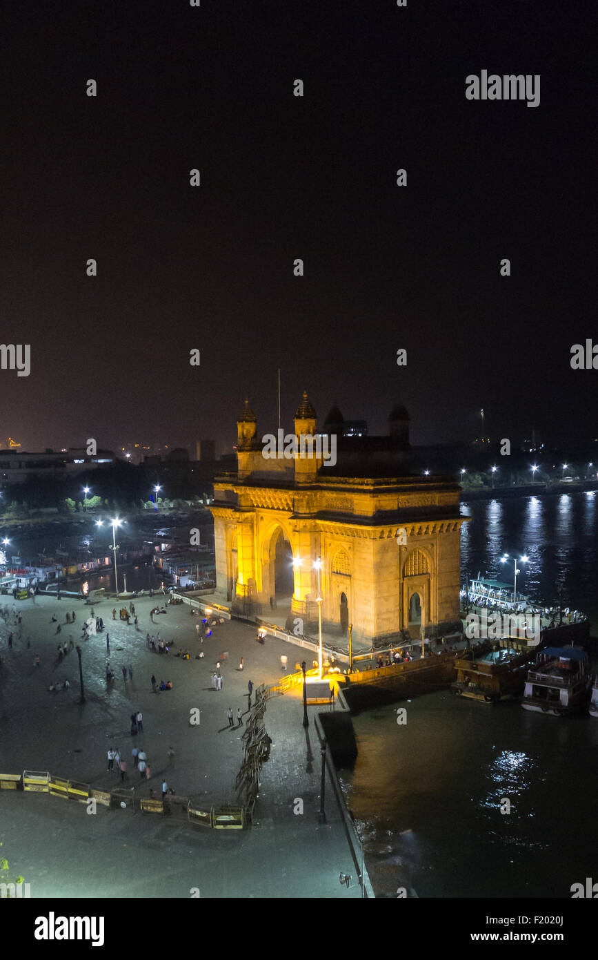Mumbai, India. The Gateway of India lit up at night from a high viewpoint. Stock Photo