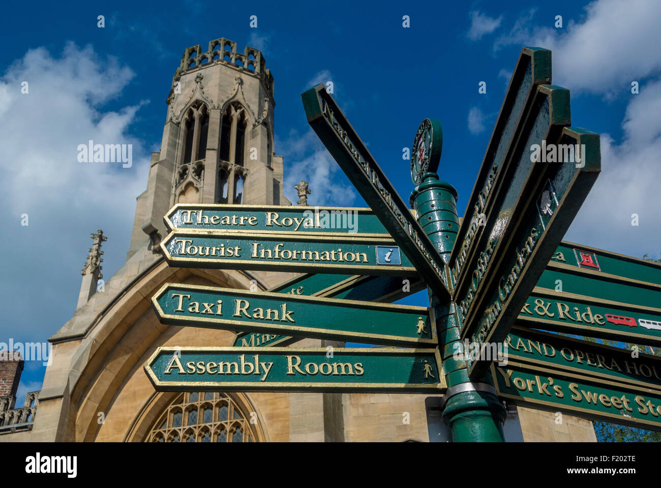 Tourist signpost outside St Helen Church, Stonegate, York. Stock Photo