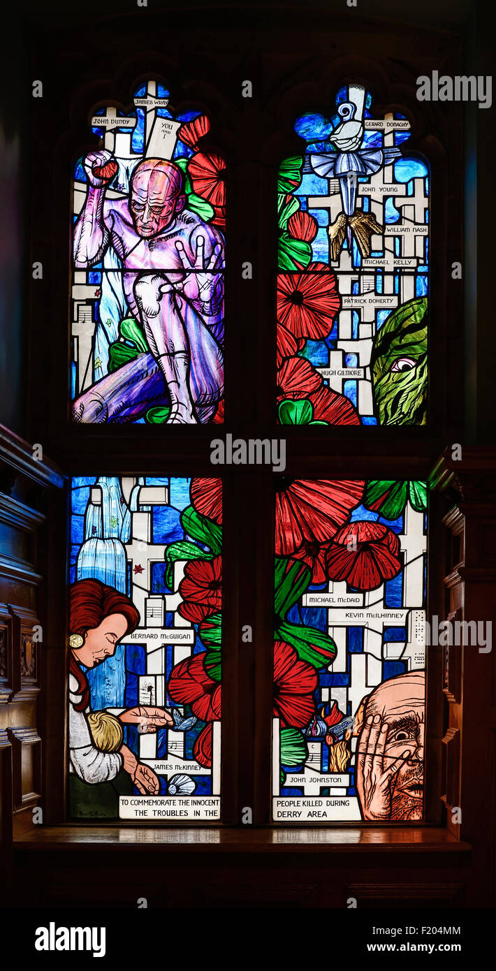 Ireland, Derry, Guild Hall,  Bloody Sunday Memorial window. Stock Photo